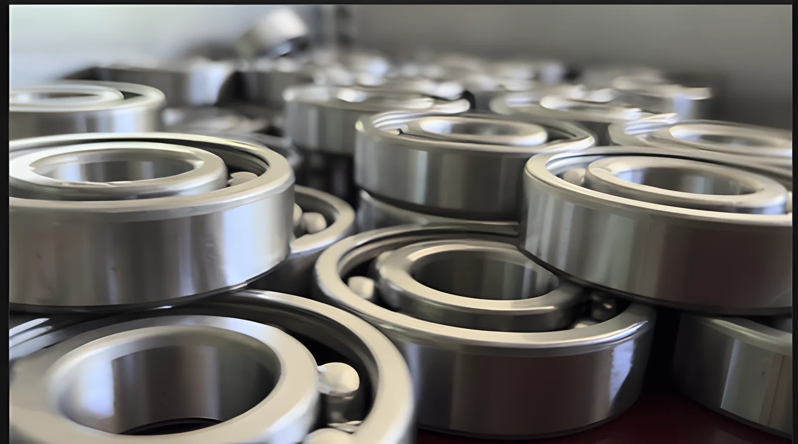 Close-up of finished open deep groove ball bearings stacked after inspection