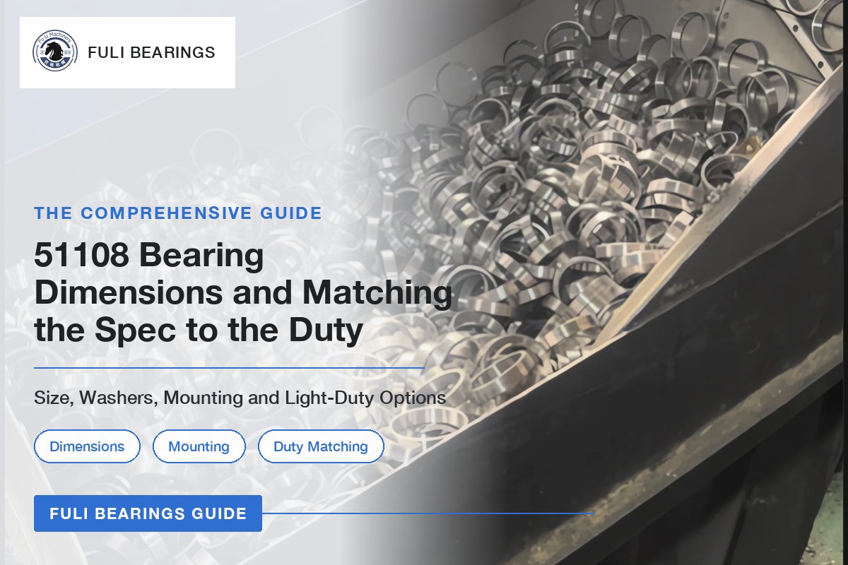 A bin of turned steel bearing rings in the FULI workshop, with the article title 51108 Bearing Dimensions and Matching the Spec to the Duty