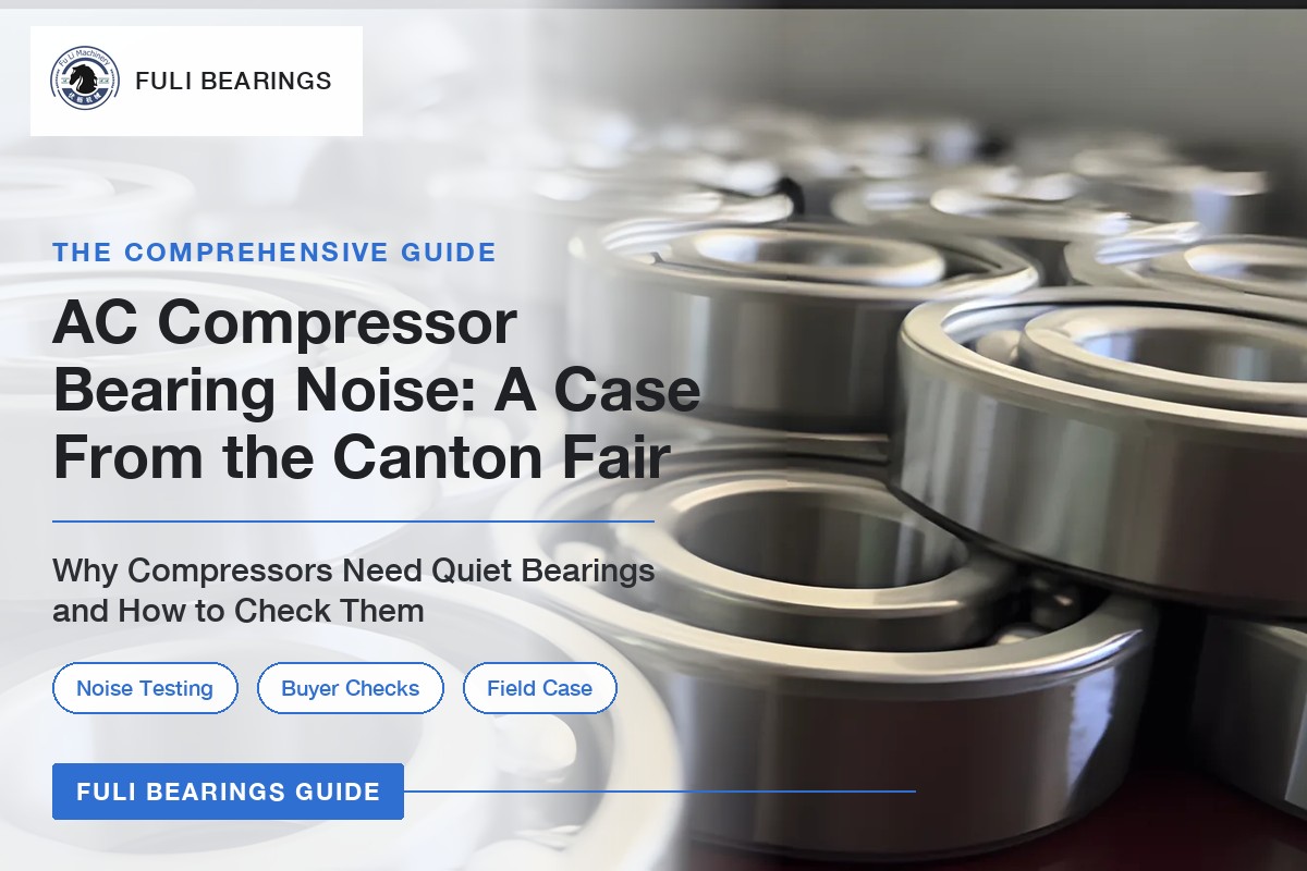 Blog cover: rows of finished steel deep groove ball bearings on the right, with the title AC Compressor Bearing Noise: A Case From the Canton Fair on the left