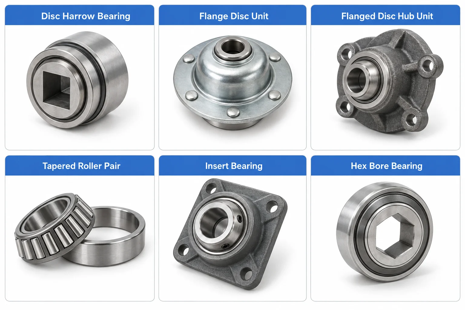 Matrix infographic of six farm hub bearing types in rounded panels: disc harrow bearing with square bore, flange disc unit, flanged disc hub unit with cast housing, tapered roller cone and cup pair, insert bearing in a flange housing, and hex bore bearing