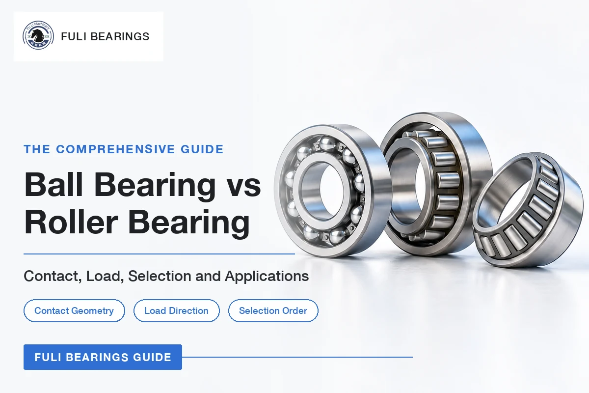 A deep groove ball bearing, a cylindrical roller bearing and a tapered roller bearing standing side by side on a white surface