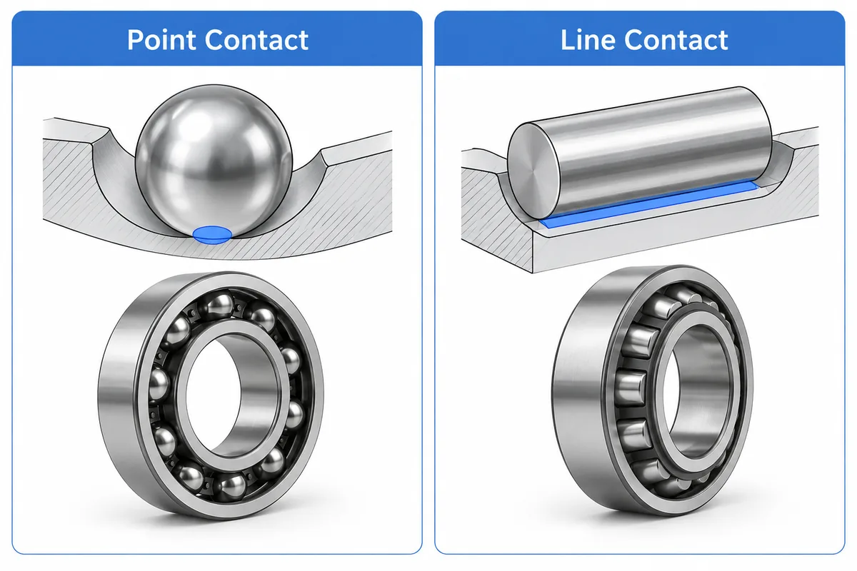Two panels: a steel ball in a curved raceway with a small blue oval contact patch above a deep groove ball bearing, and a cylindrical roller on a raceway with a long blue contact strip above a cylindrical roller bearing