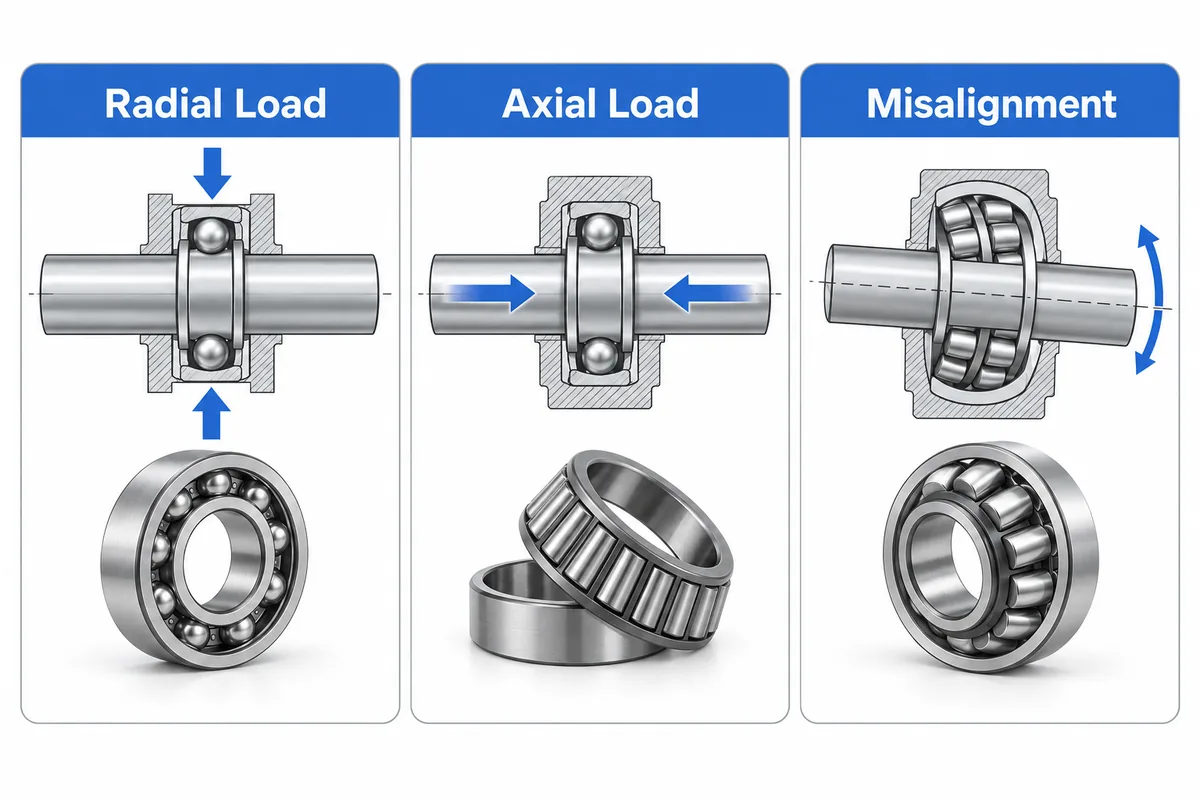 Three panels: arrows pressing across a shaft on a ball bearing, arrows pressing along the shaft with a tapered roller bearing below, and a tilted shaft through a spherical roller bearing