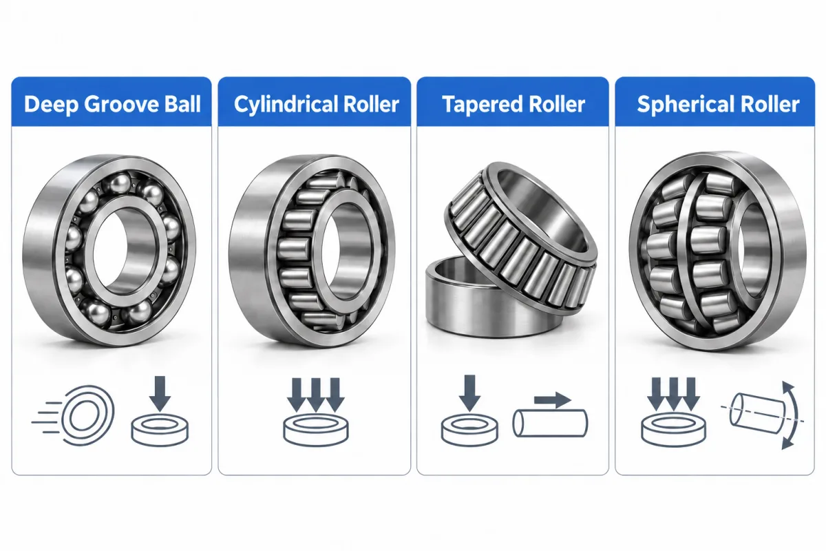 Four separate panels showing a deep groove ball, cylindrical roller, tapered roller and spherical roller bearing, each with small load or speed icons