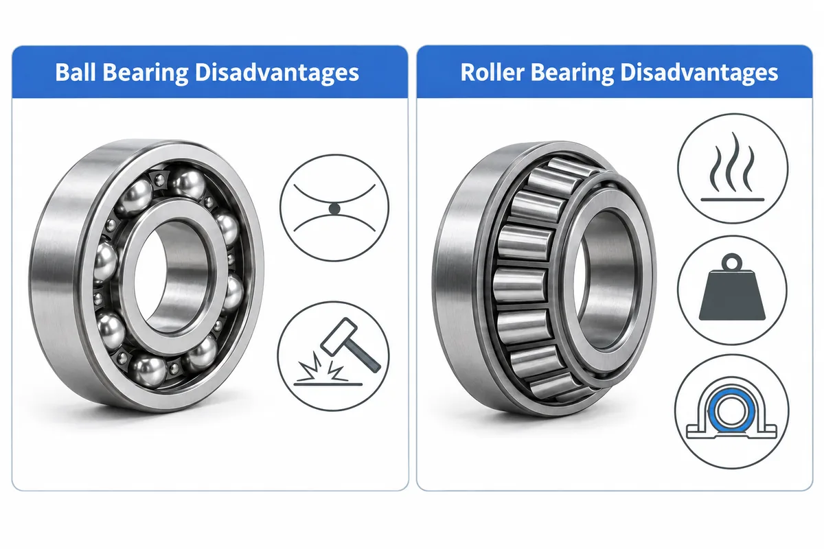 Two panels: a deep groove ball bearing with icons for a tiny contact point and a hammer impact, and a tapered roller bearing with icons for heat, weight and a bearing housing