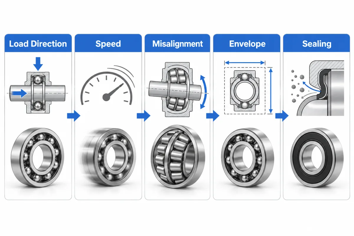 Five-step flow joined by arrows: load arrows on a shaft, a speed gauge, a tilted shaft in a spherical roller bearing, a mounting-space box and a seal lip