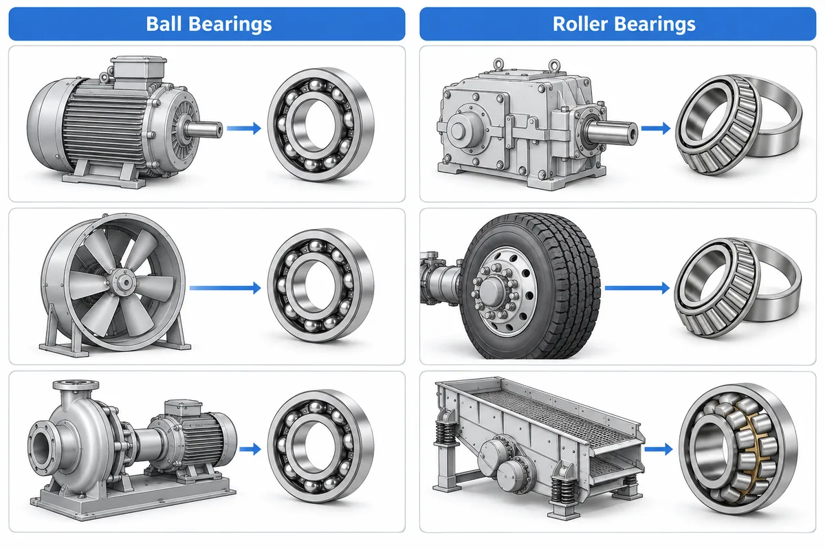 Two-column matrix: an electric motor, an axial fan and a water pump each pointing to a deep groove ball bearing; a gearbox and a truck wheel each pointing to a tapered roller bearing, and a vibrating screen pointing to a spherical roller bearing