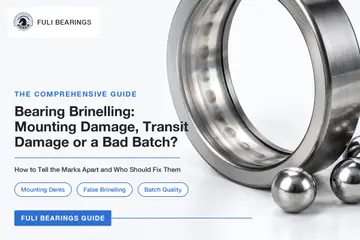 Blog cover: the outer ring of a steel ball bearing with a row of marks on the raceway and loose balls beside it, with the title Bearing Brinelling: Mounting Damage, Transit Damage or a Bad Batch? on the left
