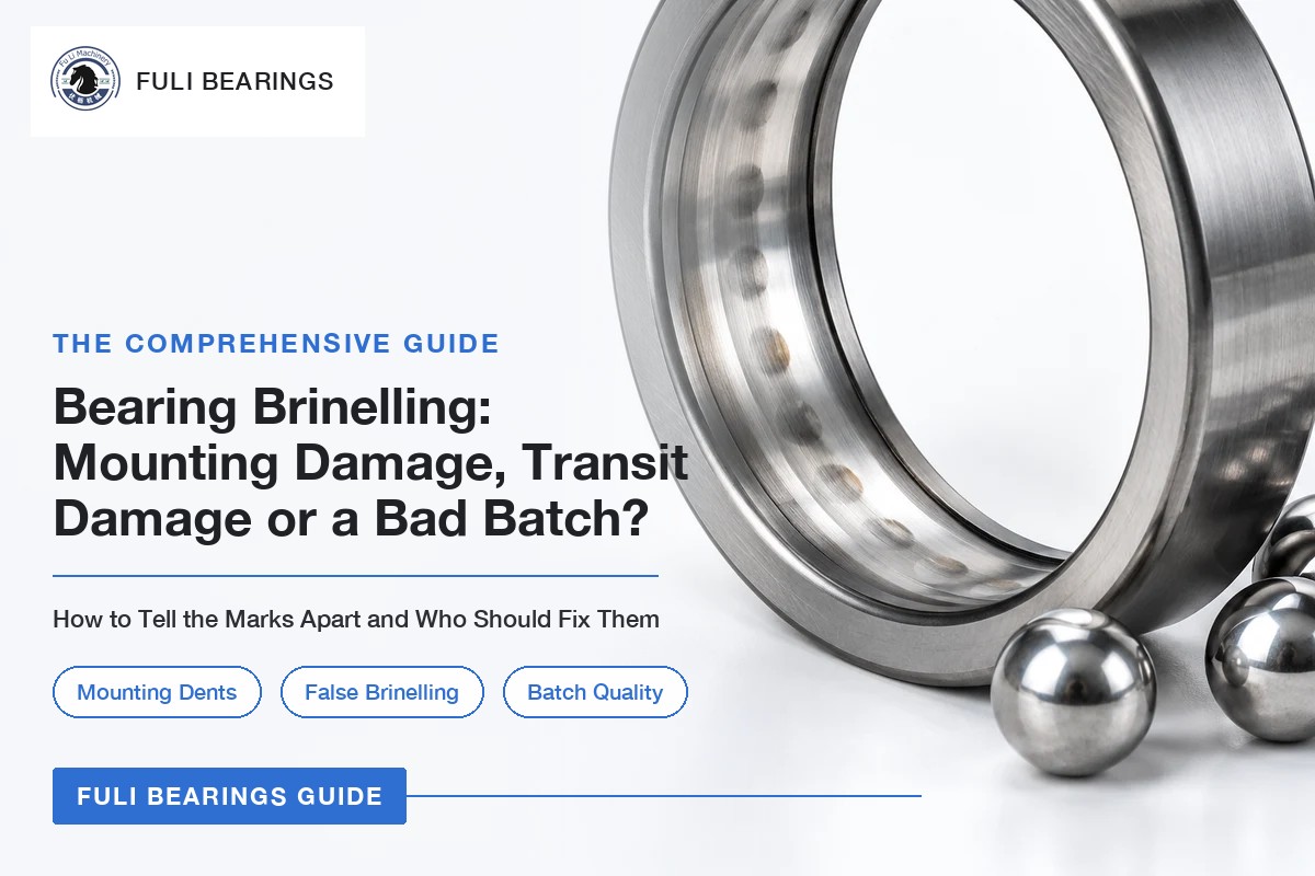 Blog cover: the outer ring of a steel ball bearing with a row of marks on the raceway and loose balls beside it, with the title Bearing Brinelling: Mounting Damage, Transit Damage or a Bad Batch? on the left
