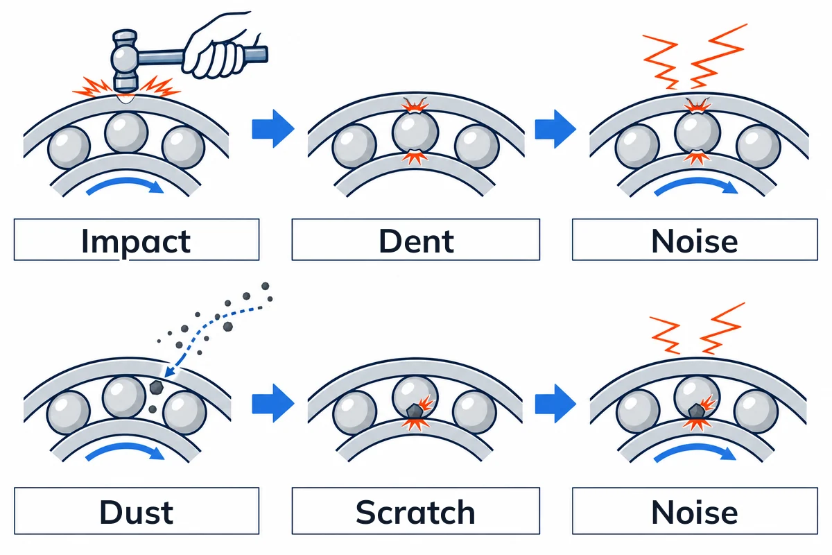 Two rows of bearing close-ups: a hammer impact leaves a dent and then noise, and dust that gets in leaves a scratch and then noise