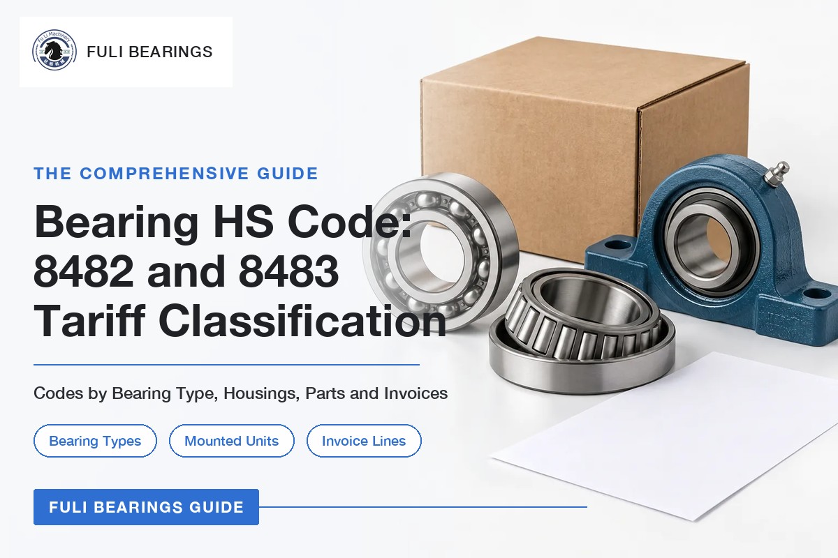Ball bearing, tapered roller bearing and pillow block unit beside an export carton, with the article title