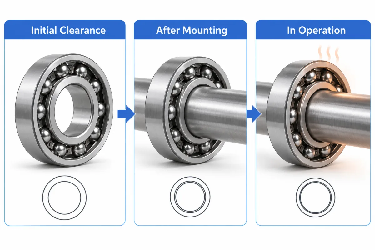 Three stages of a deep groove ball bearing: loose before mounting, pressed onto a shaft, and running warm, with the gap between the rings shrinking at each step