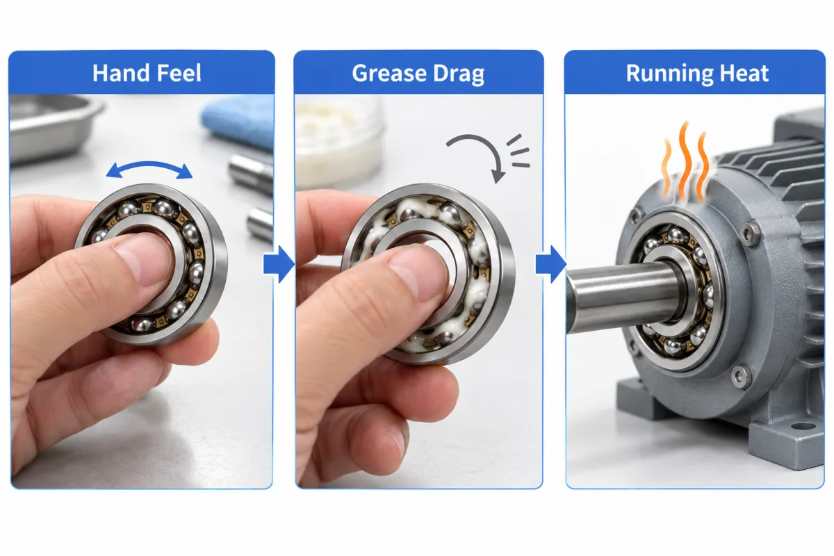 A hand rocking the inner ring of a small ball bearing, the same bearing turning stiffly with grease between the balls, and the bearing running hot on an electric motor shaft
