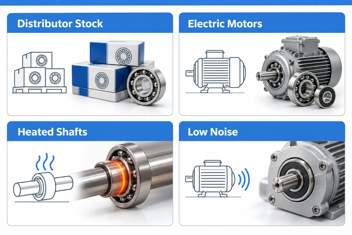 Four-panel guide matching bearing clearance to distributor stock, electric motors, heated shafts and low-noise motors
