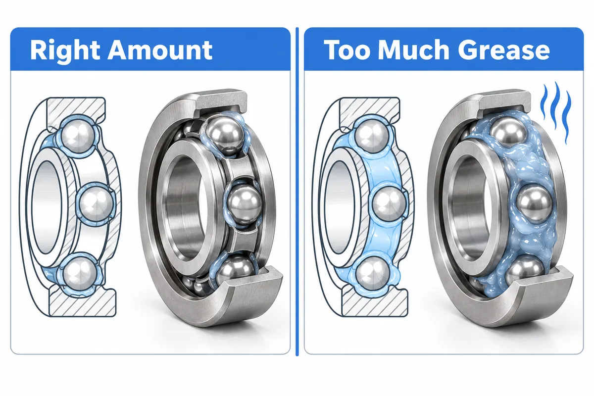 Two ball bearing cut-aways side by side, the first with a thin layer of grease around the balls, the second packed solid with grease and giving off heat