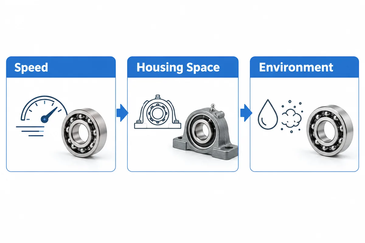 Three panels linked by arrows showing a speed gauge, a bearing inside its housing, and water and dust around a bearing