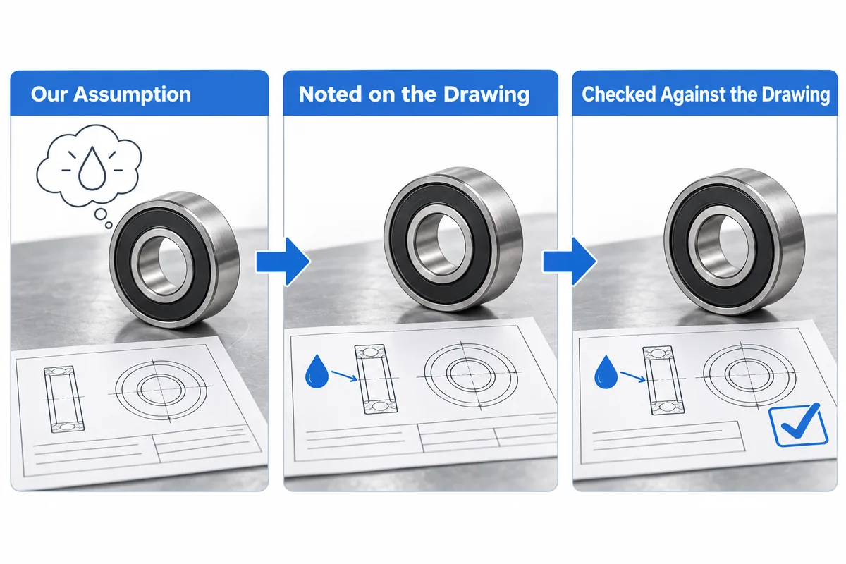 Three panels of a sealed ball bearing on a bench: first beside a plain drawing with a thought bubble, then beside a drawing marked with a grease drop, then the same drawing with a check mark