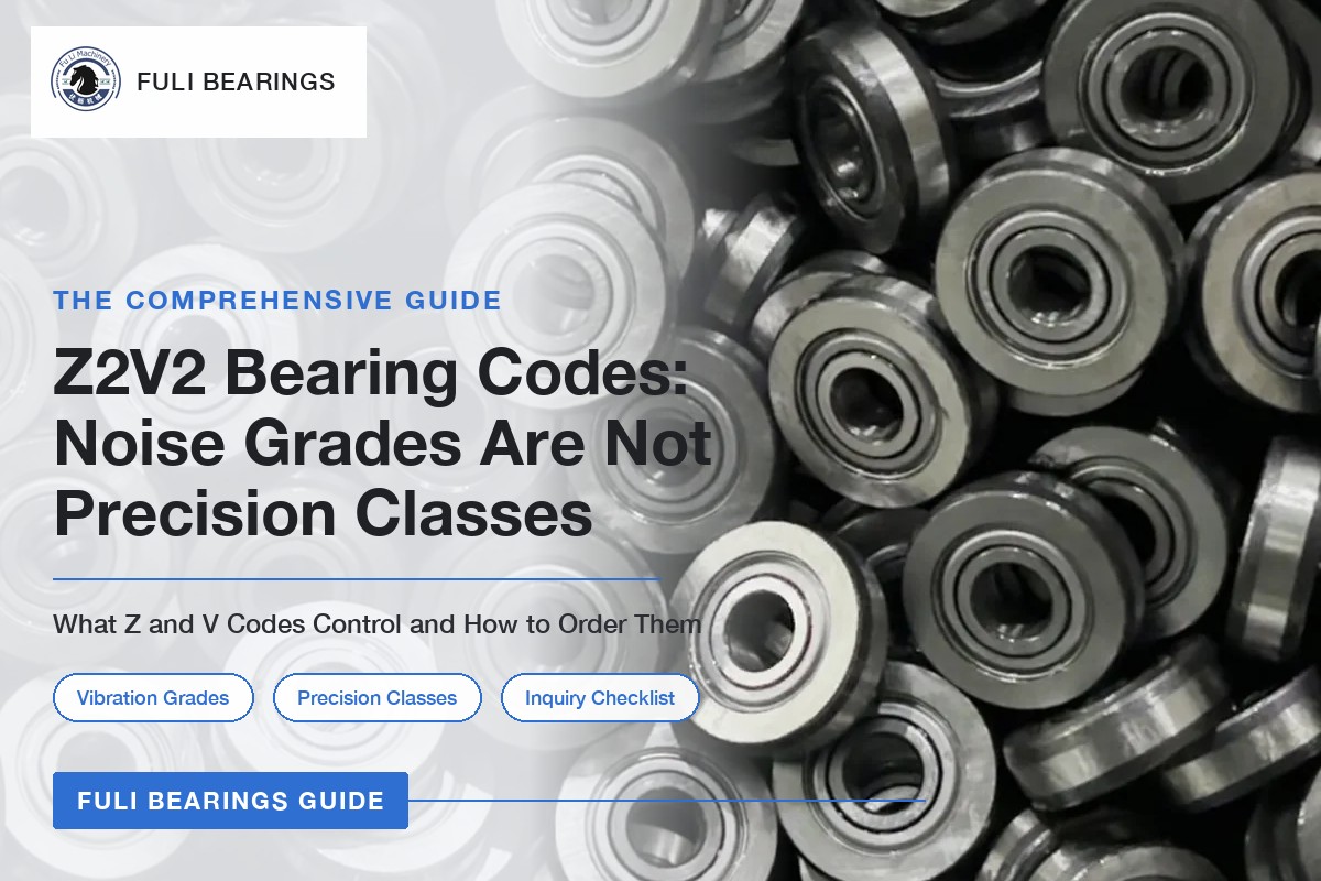 Blog cover: a pile of small shielded steel ball bearings on the right, with the title Z2V2 Bearing Codes: Noise Grades Are Not Precision Classes on the left