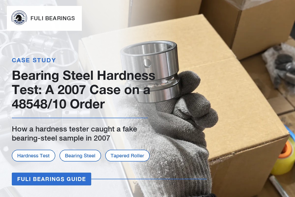 A gloved hand holding a bearing ring at the workshop, with cartons in the background