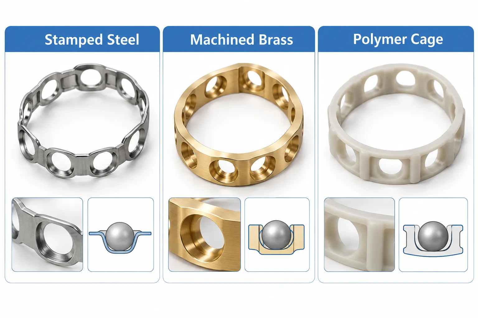 Comparison of three ball cages: a thin pressed steel cage, a thick machined brass cage and a moulded white polymer cage, each with a close-up of one pocket and a small cross-section of a ball in its pocket