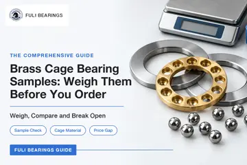 A machined brass thrust ball bearing cage with its two steel washers, loose steel balls and a digital scale on a white bench, with the article title Brass Cage Bearing Samples: Weigh Them Before You Order