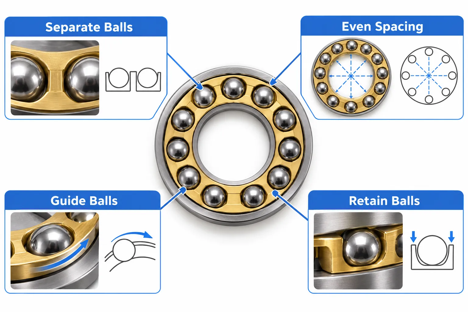Infographic of a thrust ball bearing with a brass cage seen from above, with four panels showing how the cage separates the balls, keeps them evenly spaced, guides them and retains them in their pockets