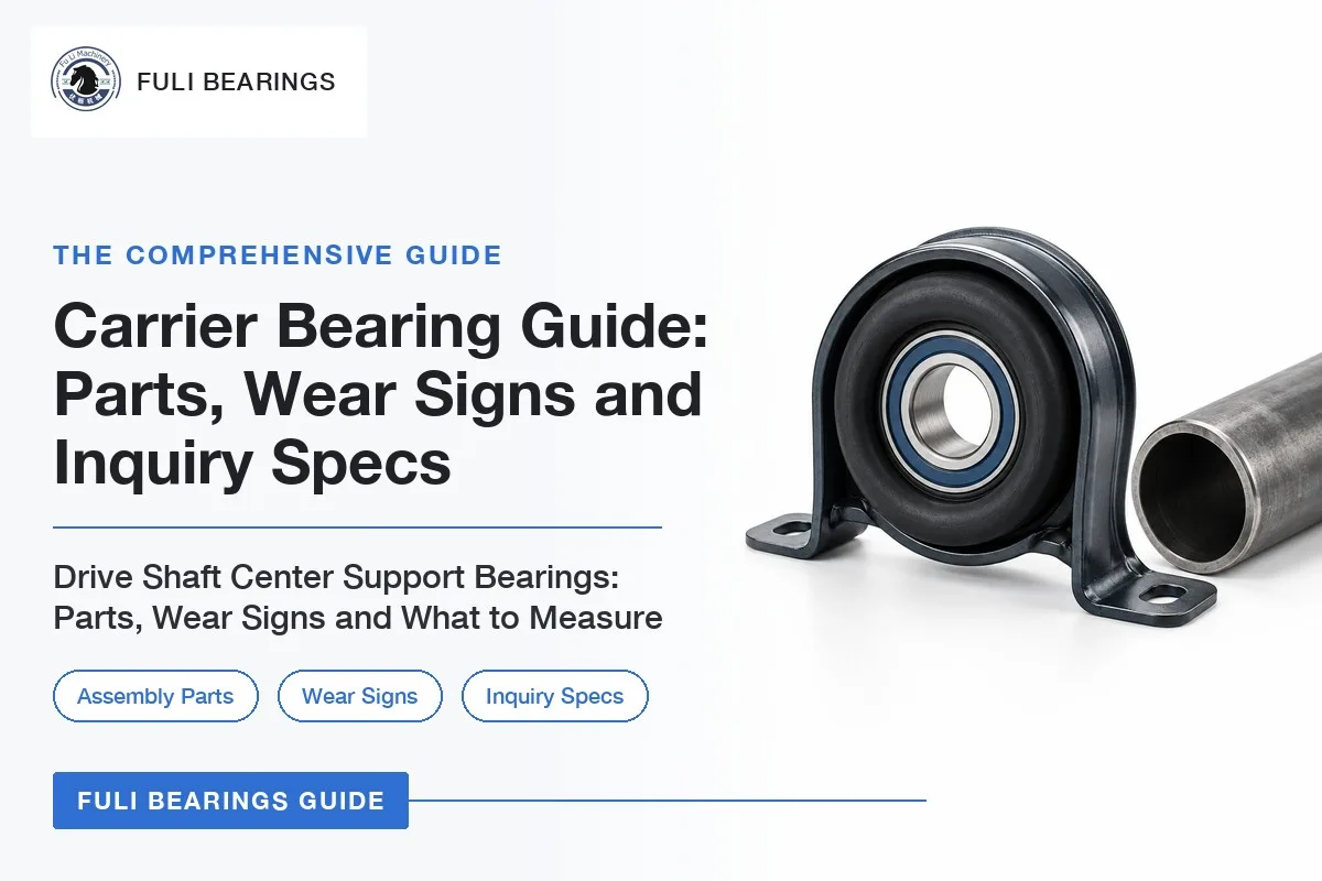 A drive shaft carrier bearing assembly with a sealed ball bearing in a rubber cushion and a steel bracket next to a steel drive shaft tube, with the article title Carrier Bearing Guide: Parts, Wear Signs and Inquiry Specs