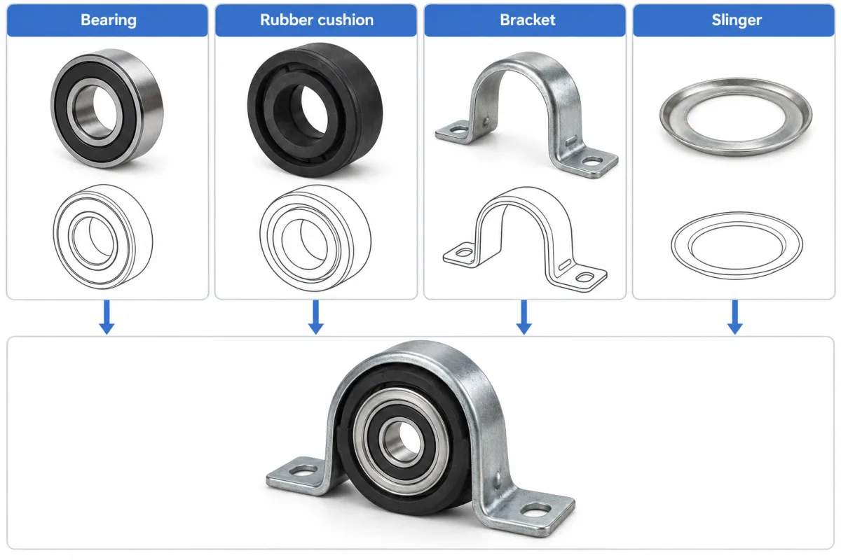 Exploded view of a drive shaft carrier bearing assembly: a sealed ball bearing, the rubber cushion that holds it, a U-shaped steel bracket with two bolt holes and a thin slinger ring