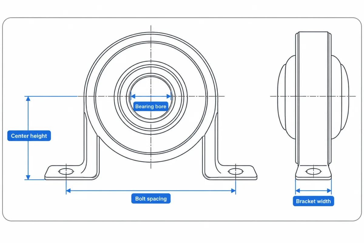 Front and side line drawings of a carrier bearing assembly with dimension arrows for the bearing bore, the center height from shaft centre to the underside of the feet, the bolt spacing and the bracket width