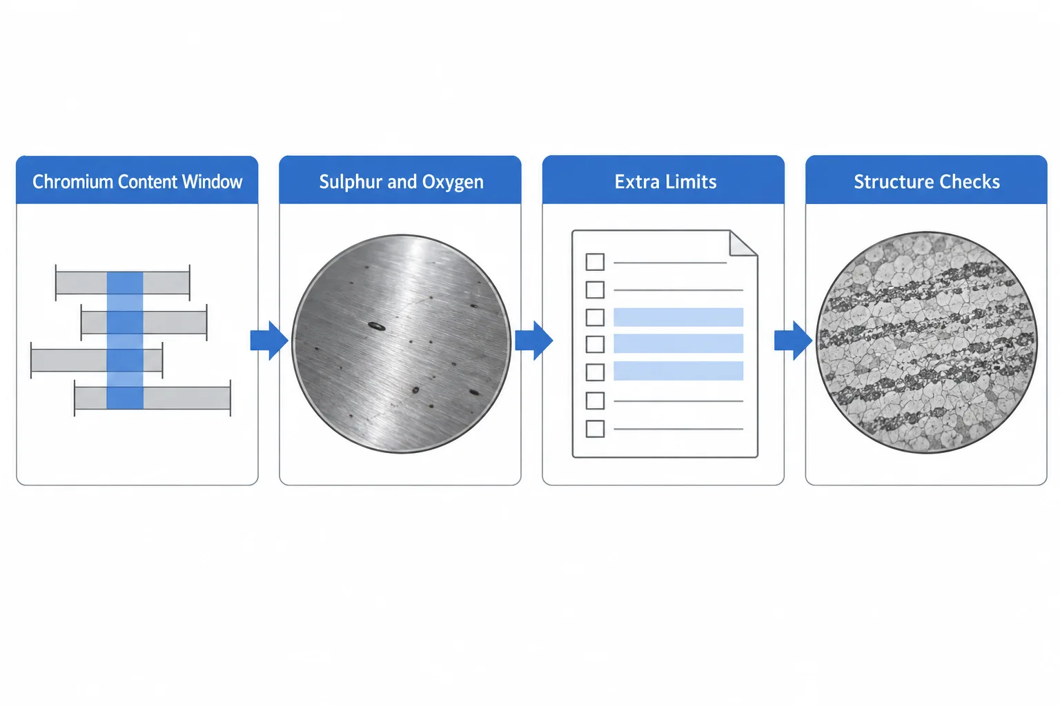Four-panel infographic: overlapping chromium content bands with a shared window, inclusion specks in polished steel, a checklist with extra rows, and a steel microstructure