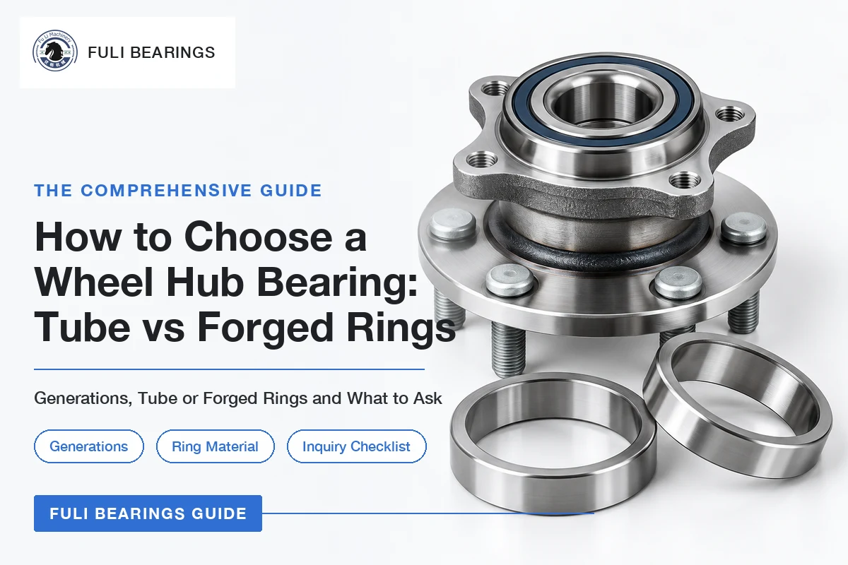 A wheel hub bearing unit with two flanges and wheel studs beside two plain turned bearing rings, with the article title How to Choose a Wheel Hub Bearing: Tube vs Forged Rings