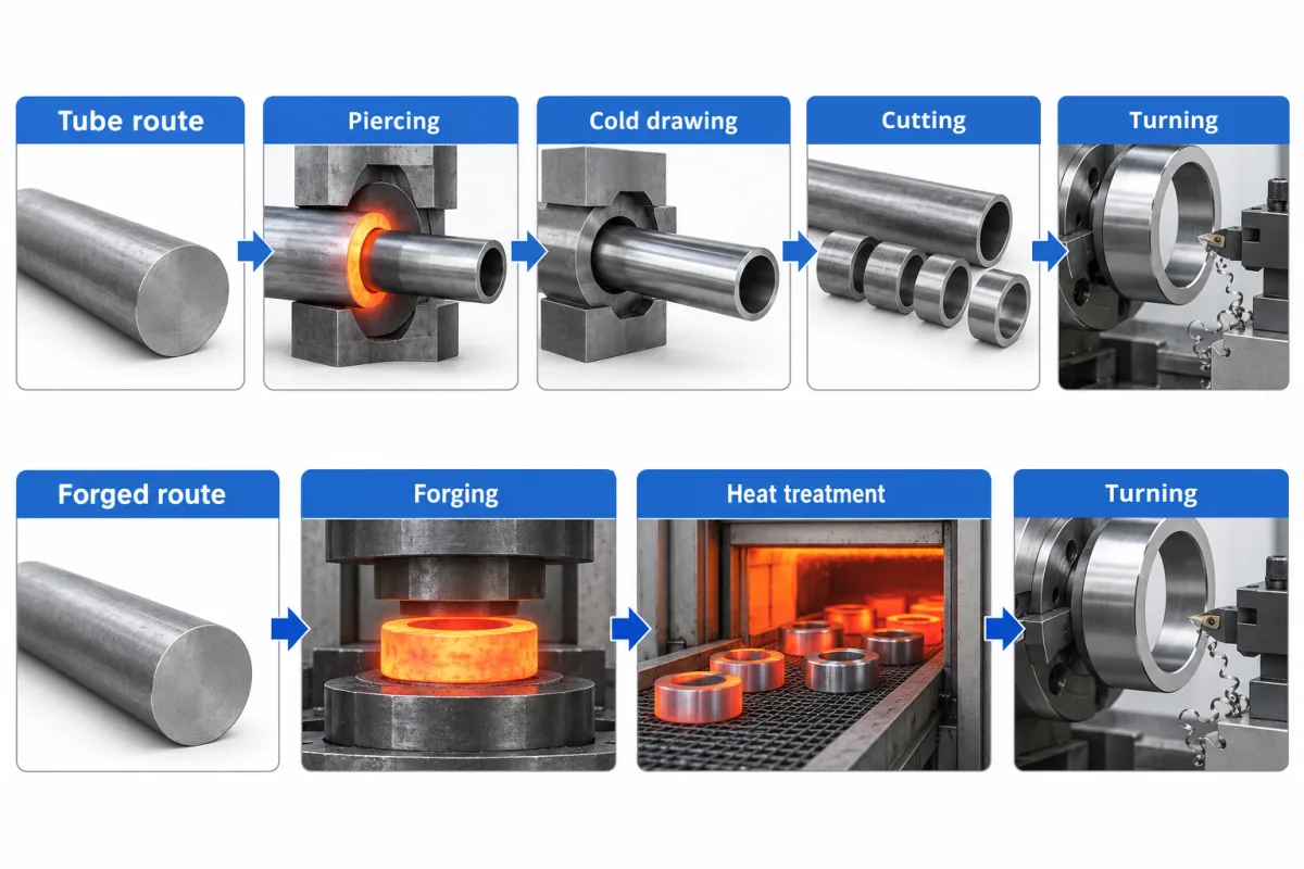 Two process flows from one steel round bar: the tube route pierces, cold draws and cuts ring blanks, the forged route forges and heat treats each blank, and both end at a lathe