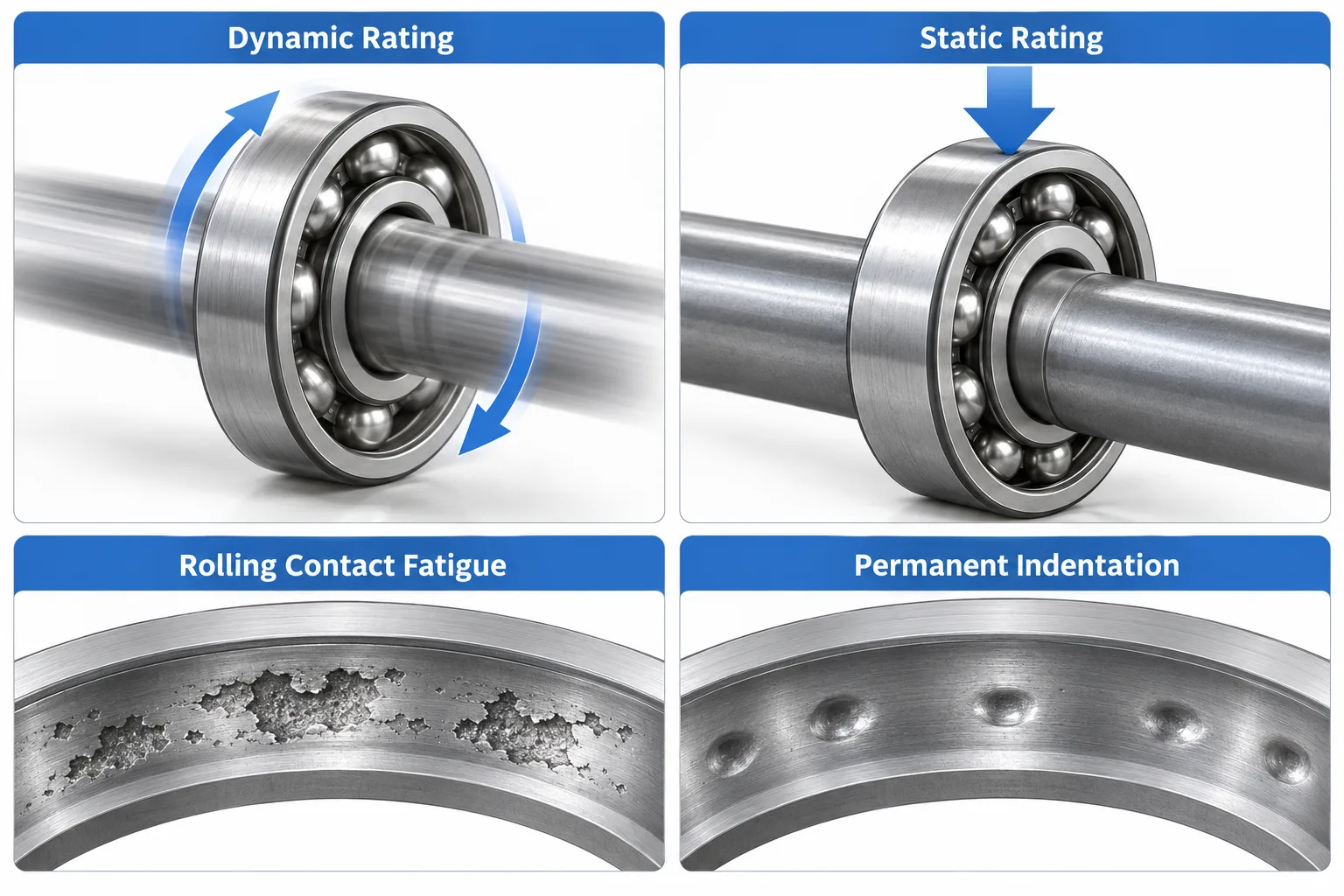 Comparison infographic: a ball bearing turning on a shaft above a raceway with fatigue flaking, and a bearing standing under a heavy load above a raceway with permanent dents