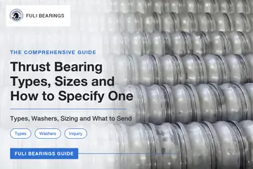 Rows of turned steel bearing rings in the FULI workshop, with the article title Thrust Bearing Types, Sizes and How to Specify One