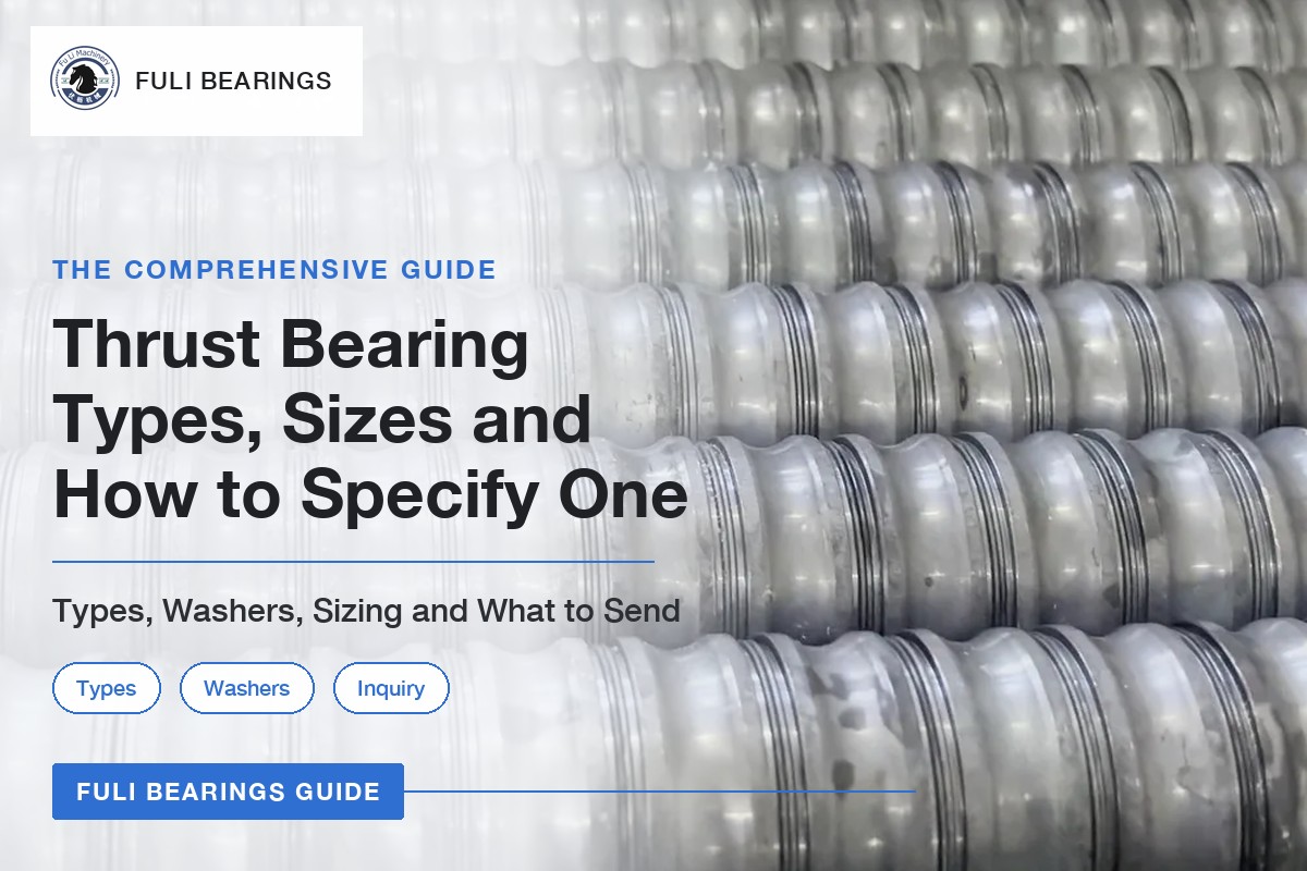 Rows of turned steel bearing rings in the FULI workshop, with the article title Thrust Bearing Types, Sizes and How to Specify One